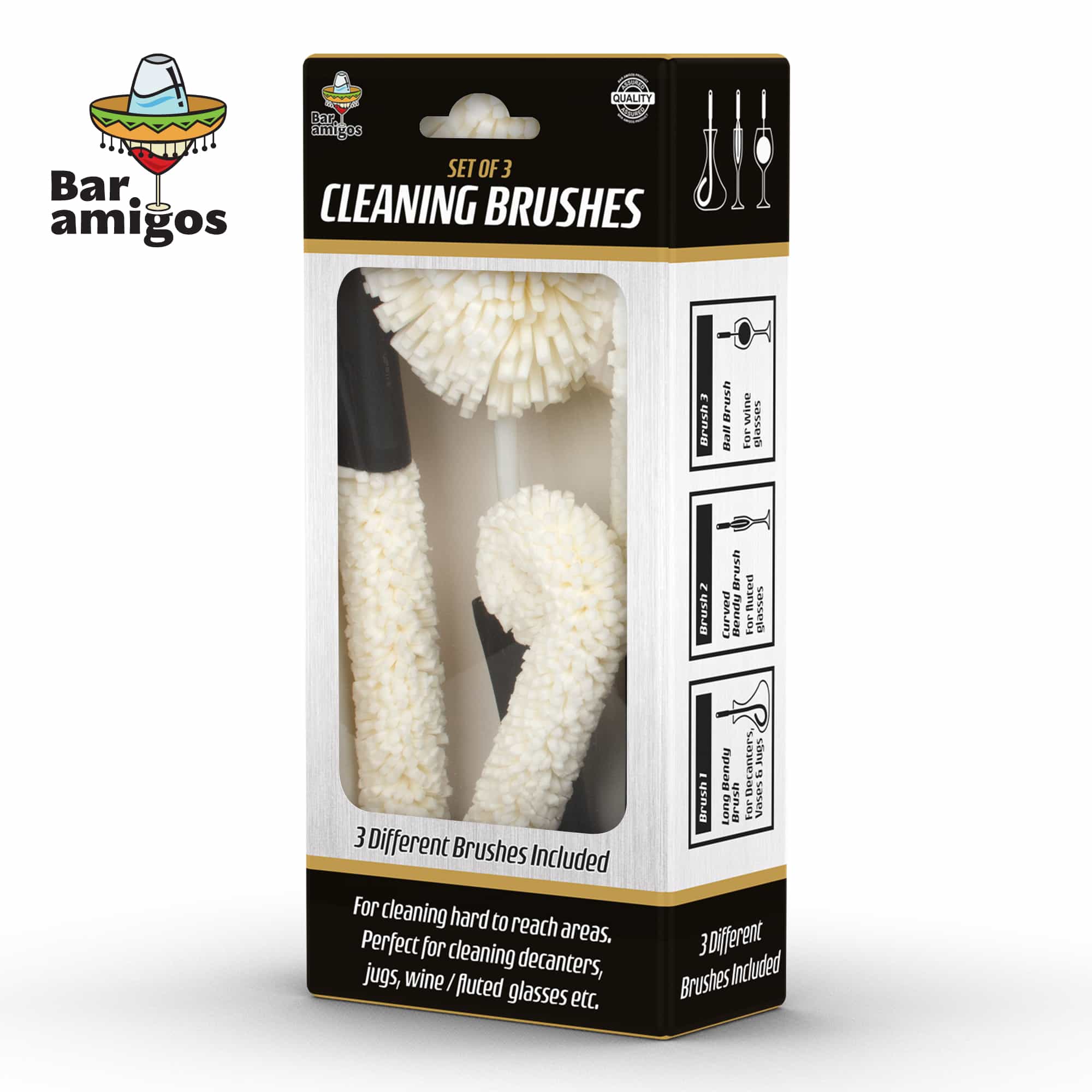 Bar Amigos Set of 3 Decanter Glassware Cleaning Brushes Set