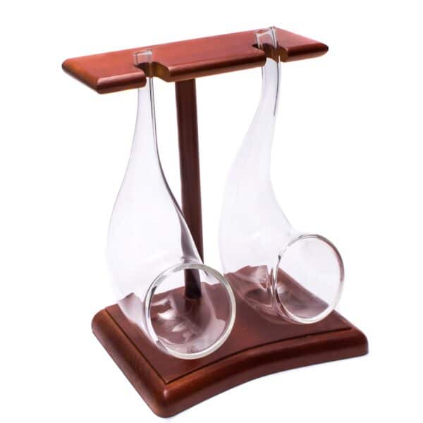 Set of 2 Brandy Pipe Sipping Glasses & Wooden Stand