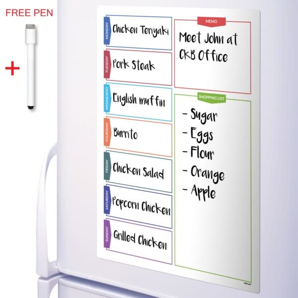Magnetic Daily Planner Board With Shopping List on a fridge