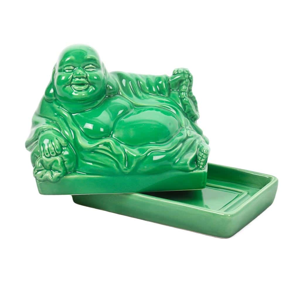 Vintage Ceramic Home Buddha Butter Dish Jade Green Novelty Cool Tray with Lid UK 