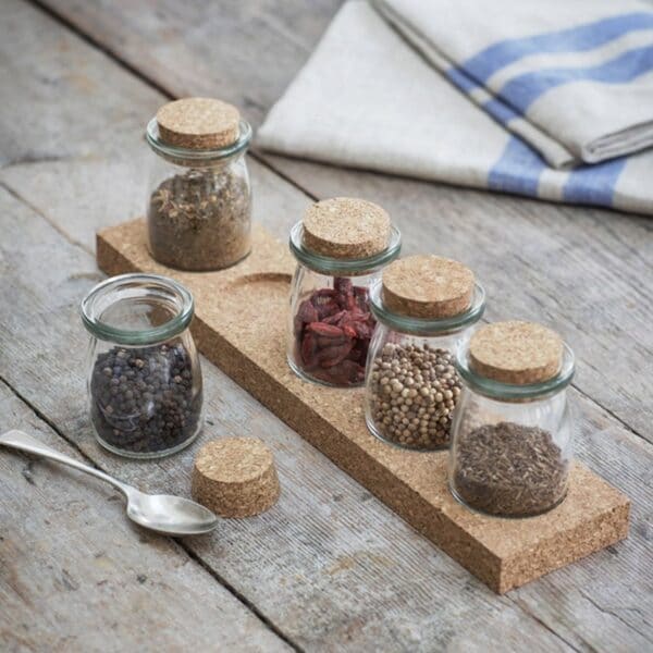 Set of 5 Small Cork Spice Storage Jars With Rack
