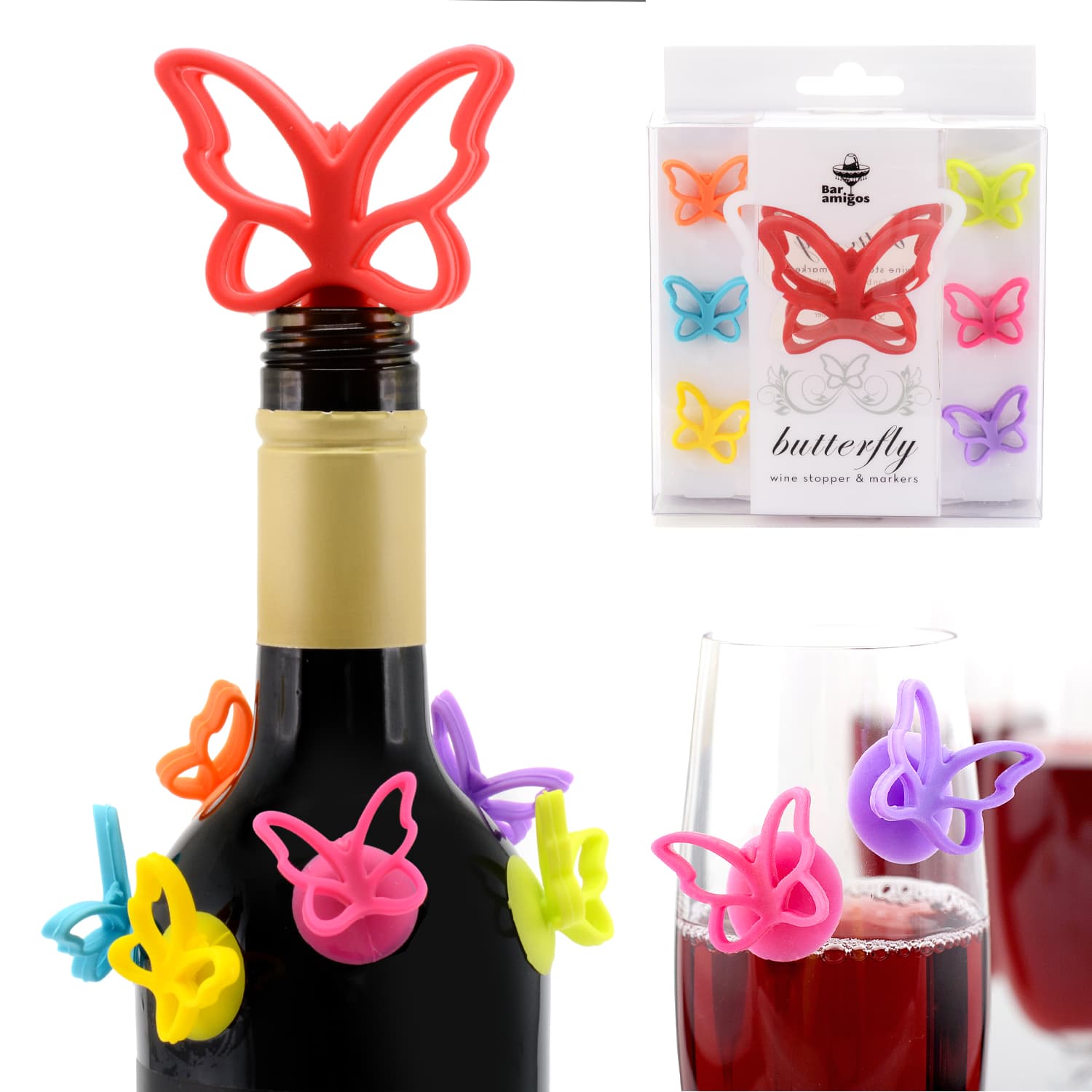 Butterfly Wine Bottle Stopper & Wine Glass Markers Set