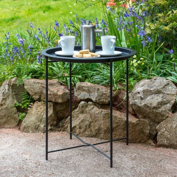 Black Steel Outdoor Bistro Table Foldable With Removable Tray