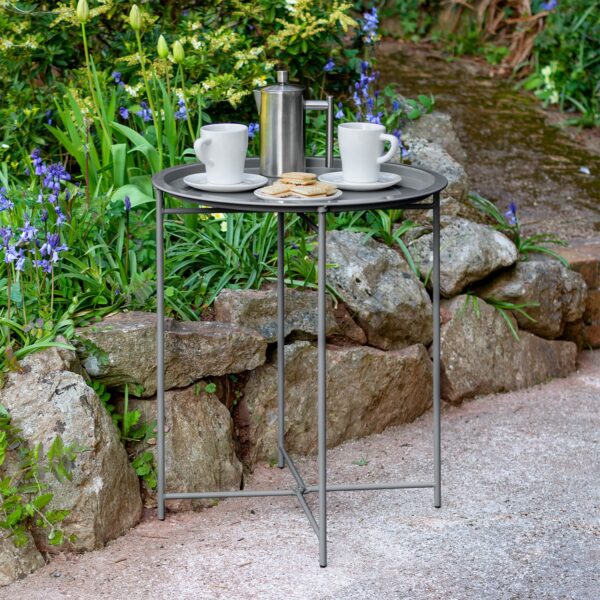 Charcoal Grey Steel Outdoor Bistro Table Foldable With Removable Tray