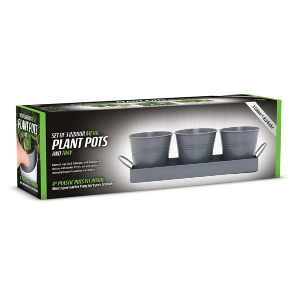 Set of 3 Indoor Metal Plant Pots & Tray