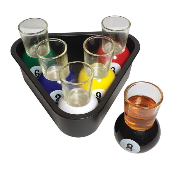 Set of 6 Pool Novelty Shot Glasses & Rack Serving Tray