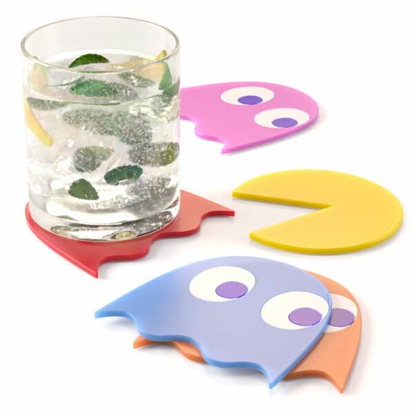 Pac Man coaster set being used with a drink
