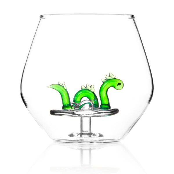 Stemless glass tumbler with a Nessie figure at the centre, perfect for cocktails or wine.