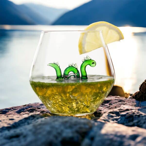 Stemless glass tumbler with a Nessie figure at the centre, perfect for cocktails or wine.