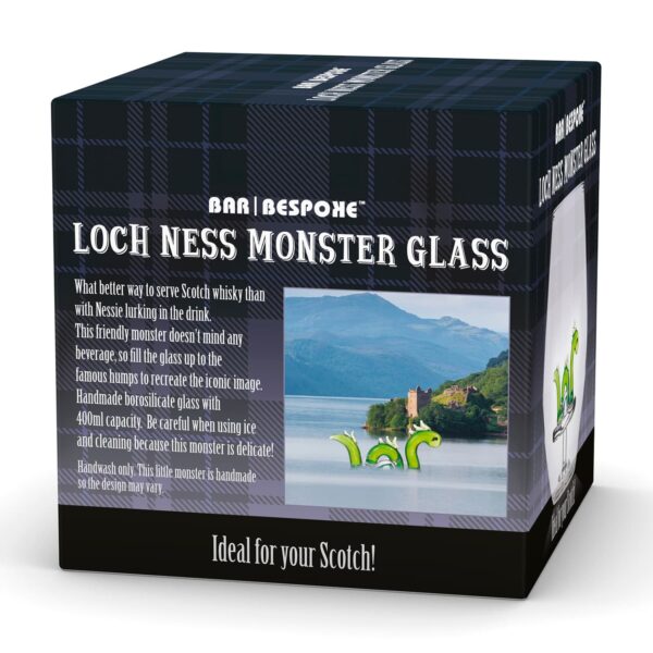 Stemless glass tumbler with a Nessie figure at the centre, perfect for cocktails or wine.