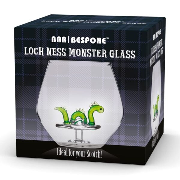 Stemless glass tumbler with a Nessie figure at the centre, perfect for cocktails or wine.