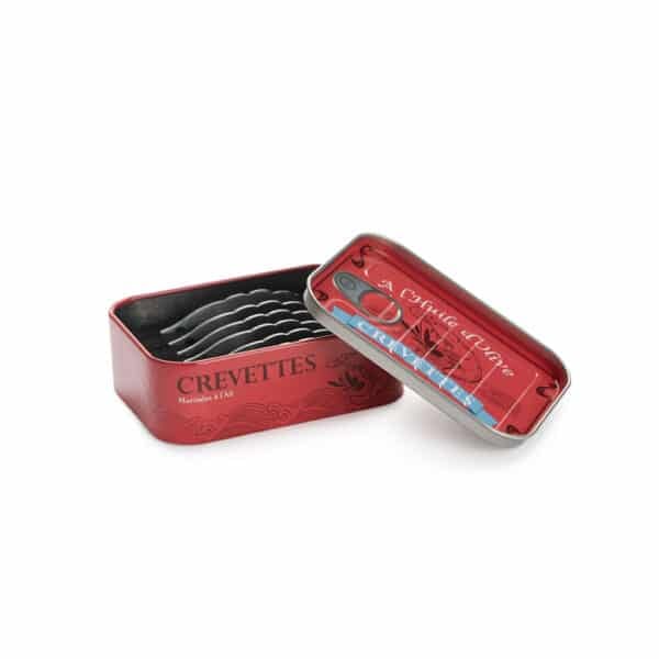 Crevettes Shrimp Snacking Forks Open Tin