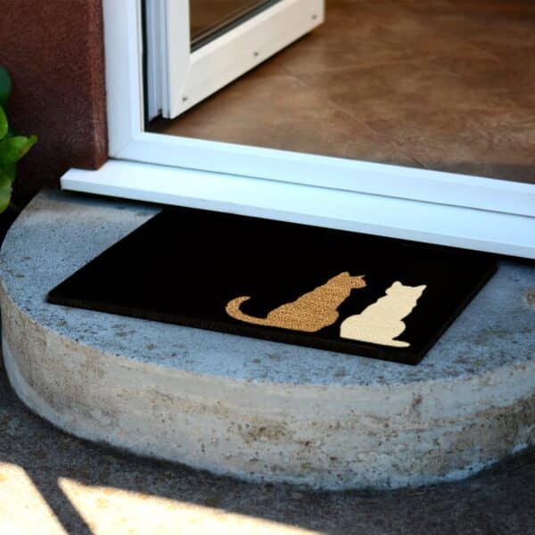 two-sitting cats doormat, printed black, white and coir