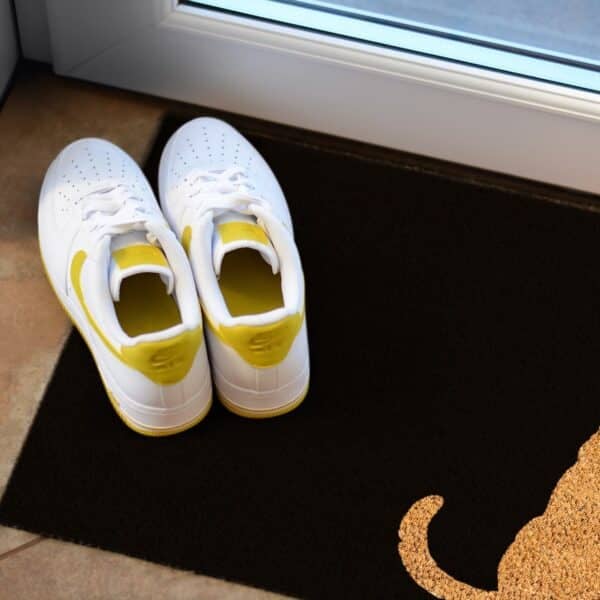 two-sitting cats doormat, printed black, white and coir