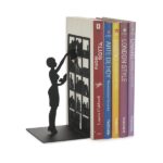 Library Silhouette Bookend Shelves Female Book Stopper (Black Metal)