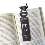 fishing cat silhouette bookmark – bookshelf & goldfish bowl (black plastic)