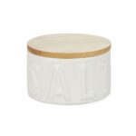flake salt cellar (ceramic & bamboo holder with embossed letters)