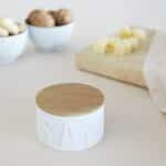 flake salt cellar (ceramic & bamboo holder with embossed letters)
