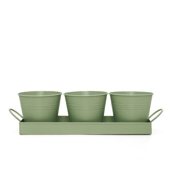 set of 3 sage green metal herb/plant pots with drip tray