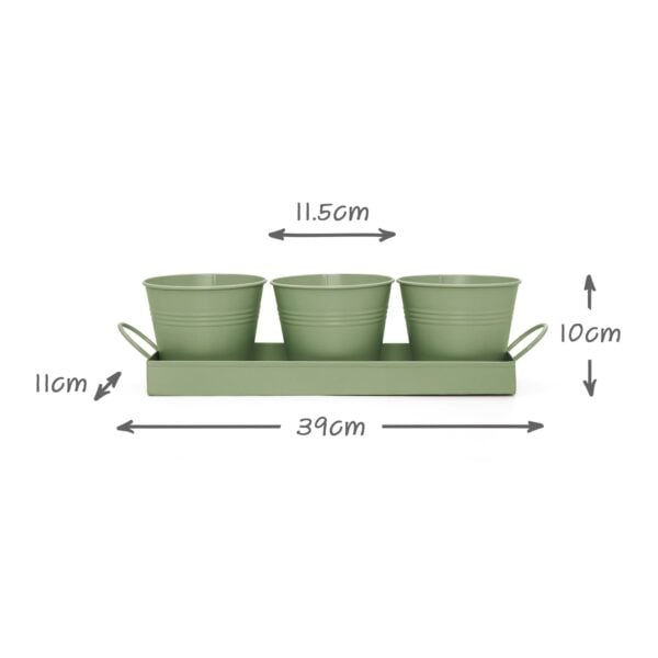 set of 3 sage green metal herb/plant pots with drip tray