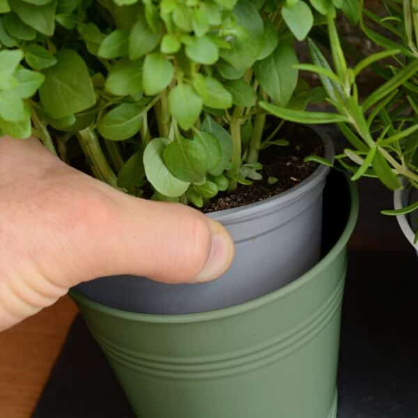 set of 3 sage green metal herb/plant pots with drip tray