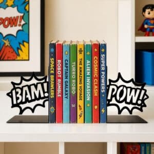 Comic BAM! POW! Metal Bookend Set for Shelf Display (Black)