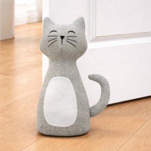 Fabric Door Stopper Grey Cat – Weighted Decorative Door Stop