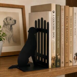 Dog at Gate Silhouette Metal Bookend Set for Shelf Display (Black)
