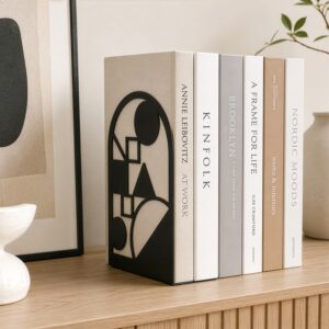 Geometric Silhouette Metal Bookend Set for Shelf Display (Black)