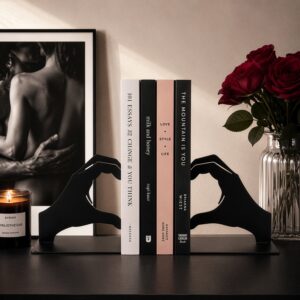 Heart Hands Silhouette Bookend Set for Shelf Display (Black)