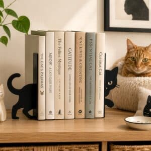 Cat Silhouette Metal Bookend Set for Shelf Display (Black)