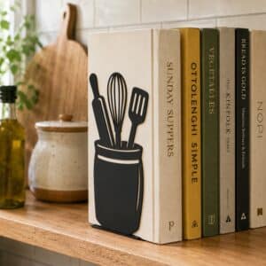 Kitchen Utensils Metal Bookend Set for Shelf Display (Black)