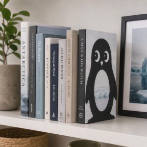 Penguin Silhouette Metal Bookend Set for Shelf Display (Black)