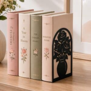 Rose Vase Silhouette Metal Bookend Set for Shelf Display (Black)