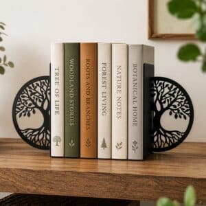 Tree of Life Silhouette Metal Bookend Set for Shelf Display (Black)