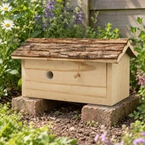 Natural Wood Bumblebee House with Bark Roof and Lift-Up Lid