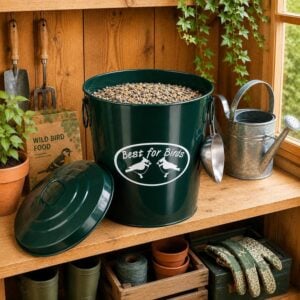 Green Metal Bird Food Storage Bucket with Scoop and Lid