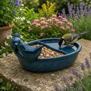 Small Ceramic Bird Feeder and Water Bowl for Garden (Blue)