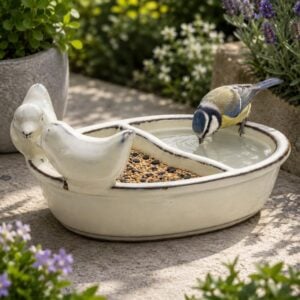 Small Ceramic Bird Feeder and Water Bowl for Garden (White)