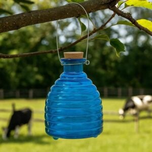 Small Ribbed Glass Hanging Wasp Trap for Garden (Blue)