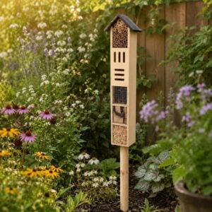 Wooden Insect Hotel on Pole with Six Nesting Sections